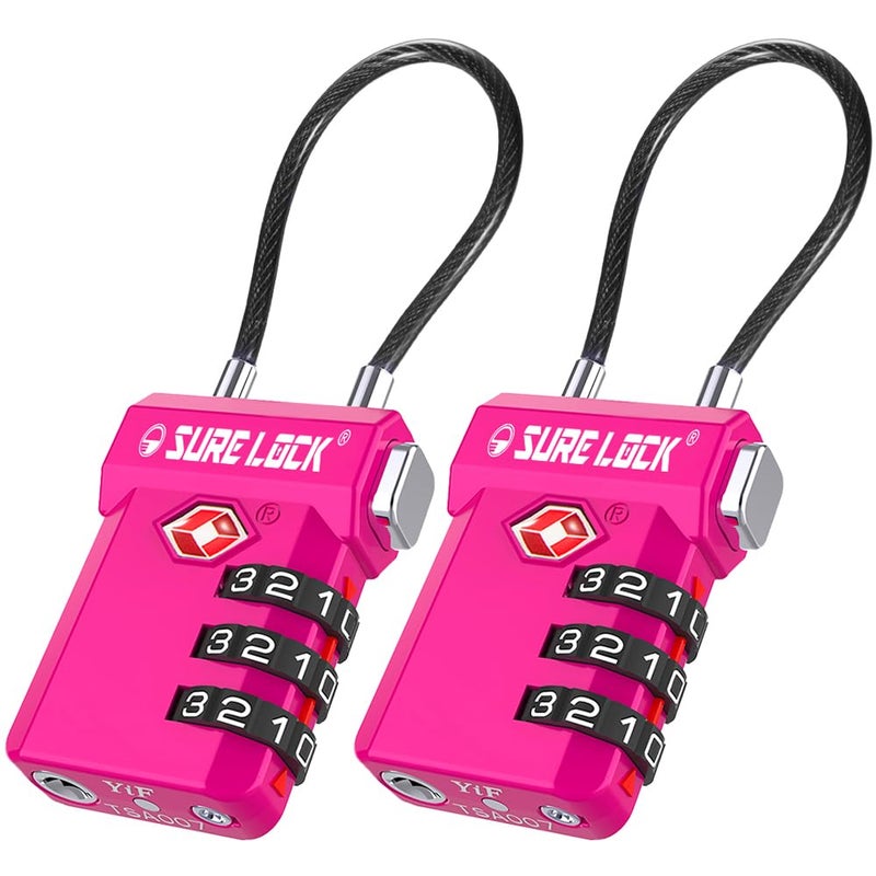 SURE LOCK TSA Approved Cable Luggage Lock â€“ TSA Locks for Luggage with Visual Inspection Indicator, Resettable 3-Digit Combination, Zinc Alloy Body for Suitcases, Backpacks, Gym Lockers(Rose 2 Pack) - Image 1